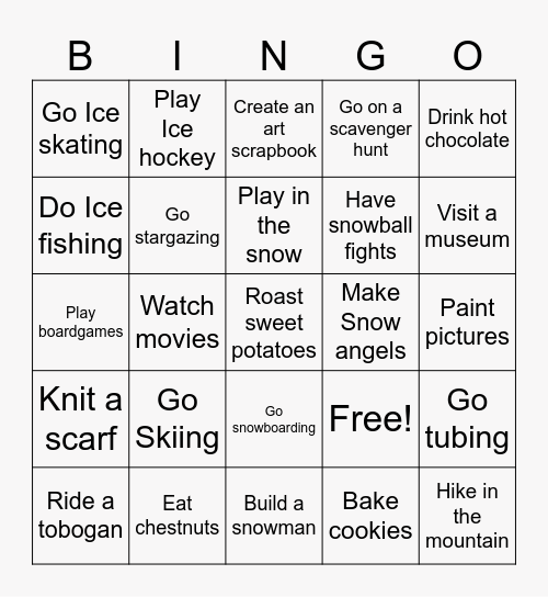 Winter Activities Bingo Card