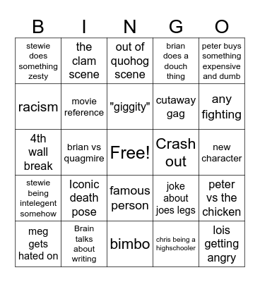 Family guy bingo Card