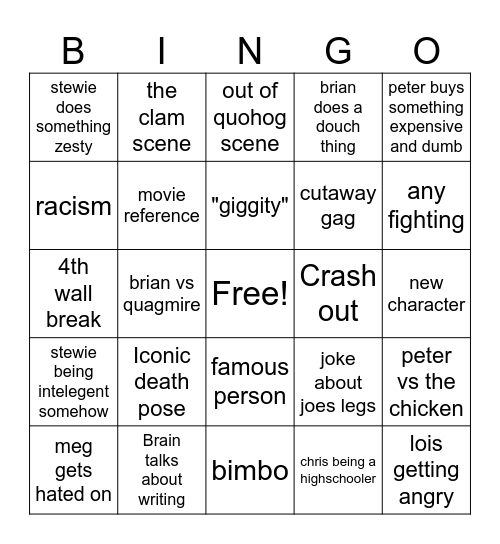 Family guy bingo Card