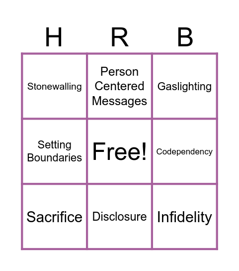 Healthy Relationships BINGO Card