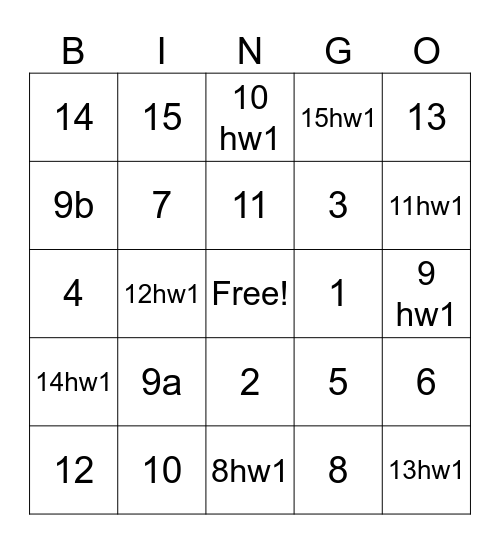 Ratio Homework Bingo Card