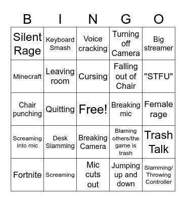 Streamer Rage Bingo Card