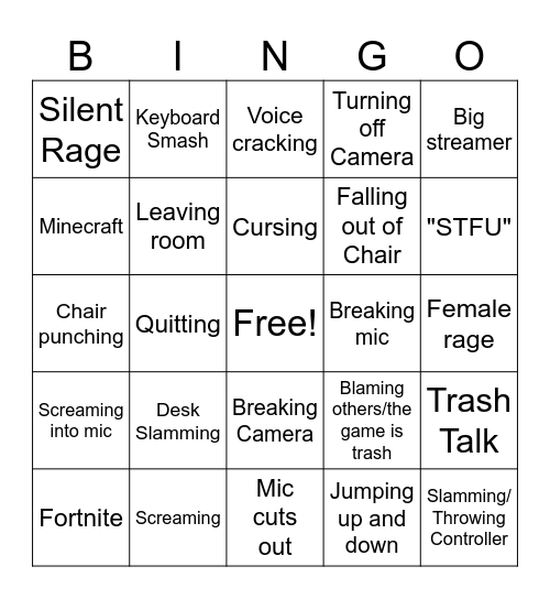 Streamer Rage Bingo Card