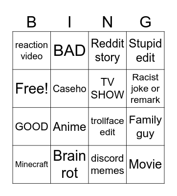 YT shorts Bingo Card