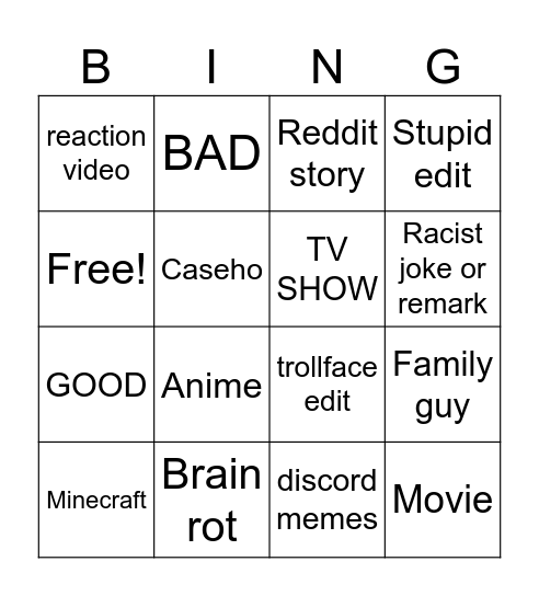 YT shorts Bingo Card