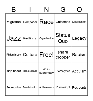 Harlem Renaissance Vocabulary Bingo Card