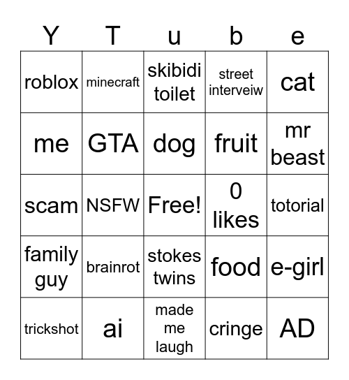 Youtube Bingo Card