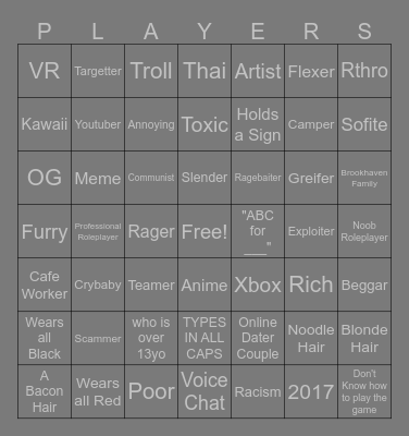 Spot The Roblox Player! Bingo Card