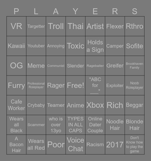 Spot The Roblox Player! Bingo Card