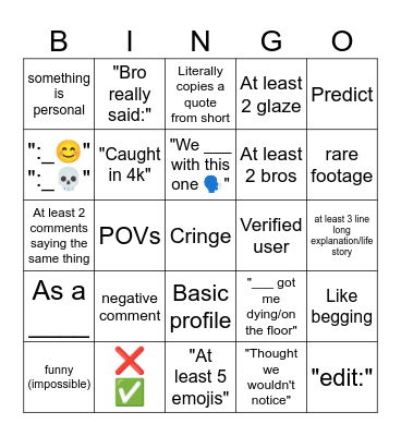 yt shorts Bingo Card