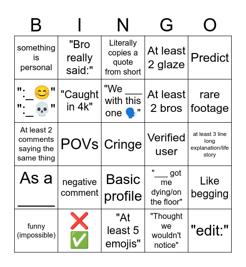 yt shorts Bingo Card