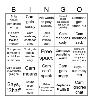 Cam2r Bingo Card