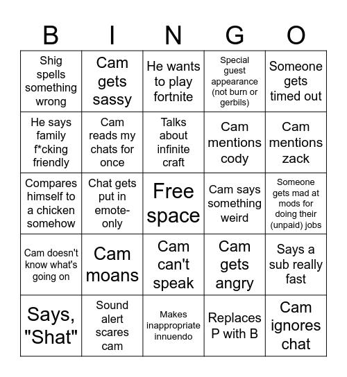 Cam2r Bingo Card