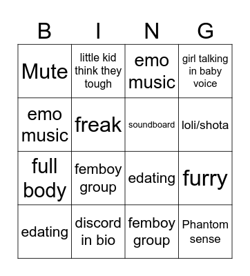 VRCHAT Bingo Card