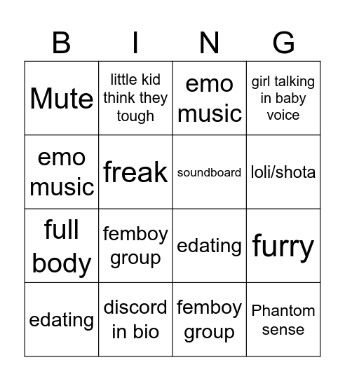 VRCHAT Bingo Card