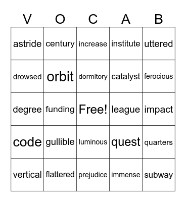 Vocabulary Bingo! Bingo Card