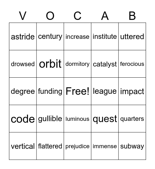 Vocabulary Bingo! Bingo Card