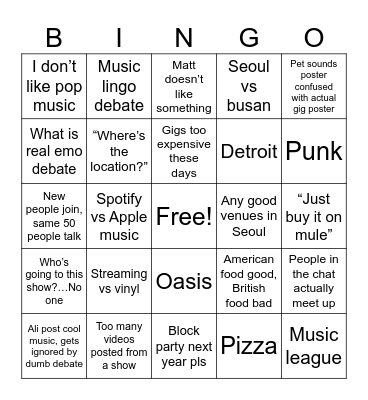 Live music lovers bingo Card