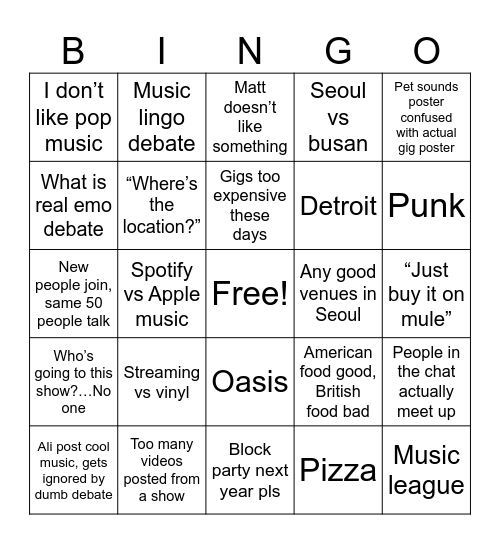 Live music lovers bingo Card