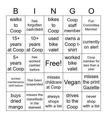 Park Slope Food Coop BINGO Card