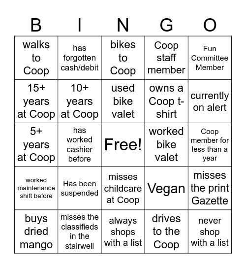 Park Slope Food Coop BINGO Card