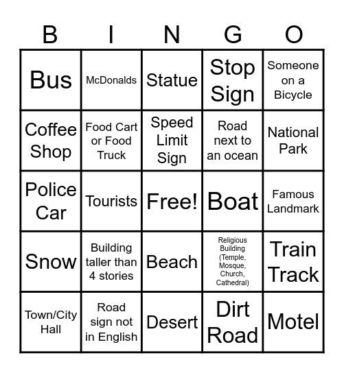 Google Maps Streetview Bingo Card