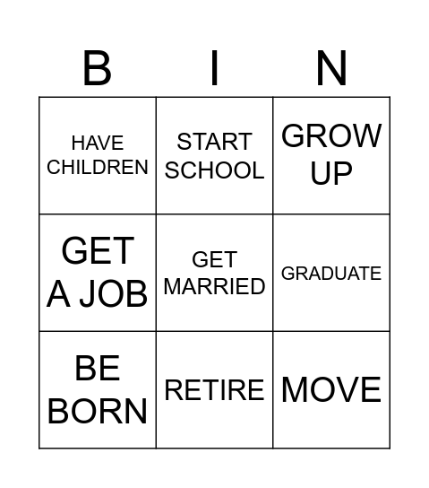 LIFE EVENTS Bingo Card