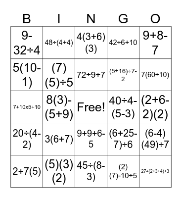 PEMDAS Bingo Card