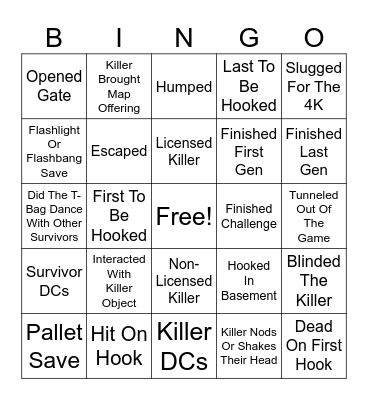 Dead By Daylight Survivor Bingo Card