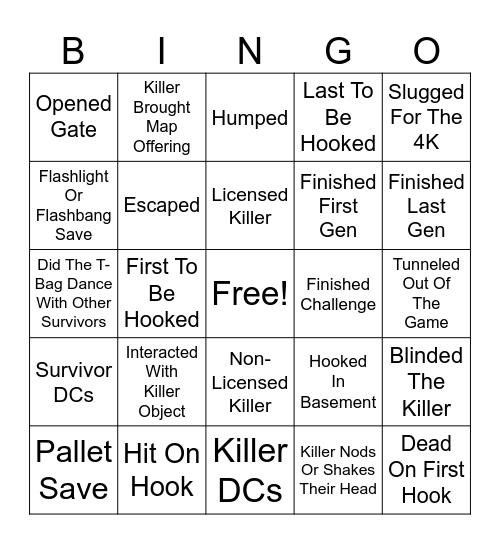 Dead By Daylight Survivor Bingo Card