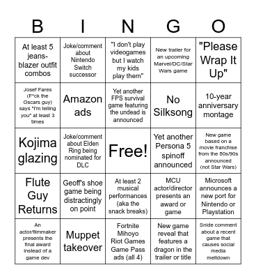 Game Awards 2024 Bingo Card