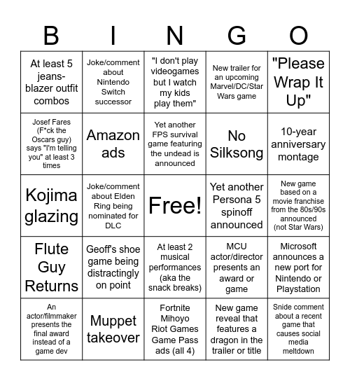 Game Awards 2024 Bingo Card