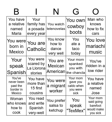 Mexican American Stereotype Bingo Card