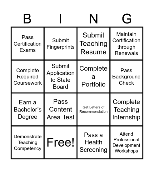 Teacher License Bingo Card