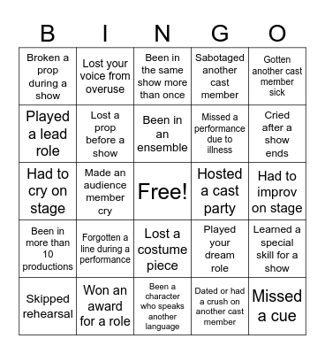 Theatre Kid Bingo Card