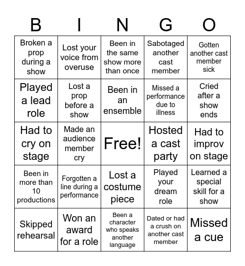 Theatre Kid Bingo Card