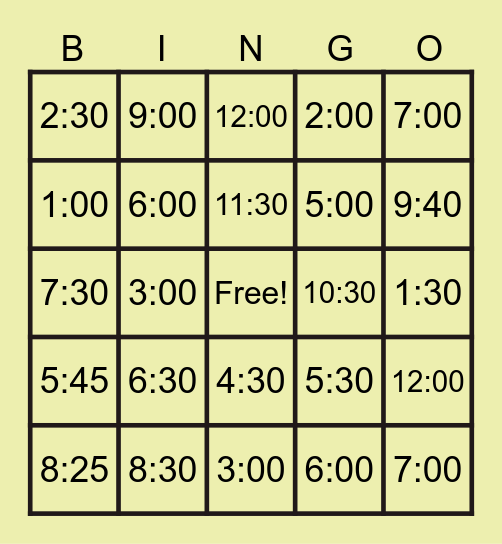 DIGITAL TIME BINGO Card
