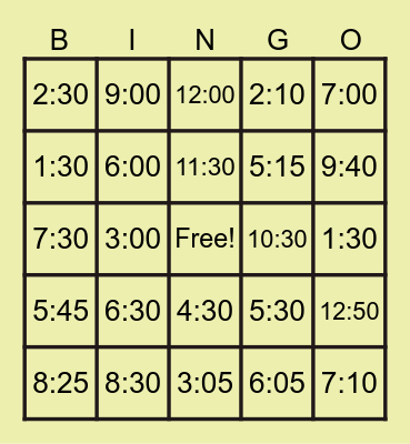 DIGITAL TIME BINGO Card