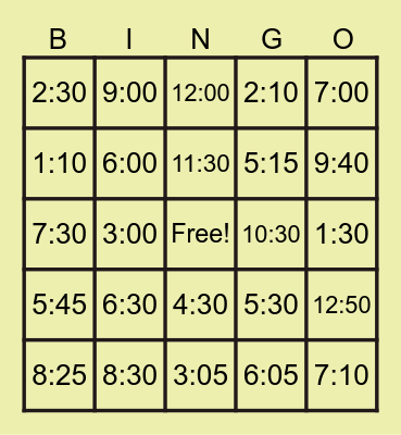 DIGITAL TIME BINGO Card