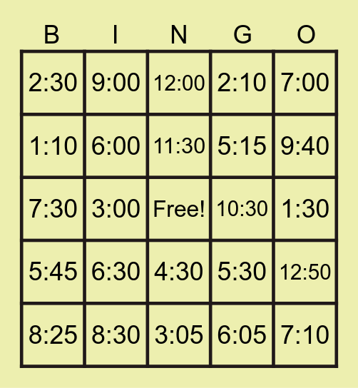 DIGITAL TIME BINGO Card