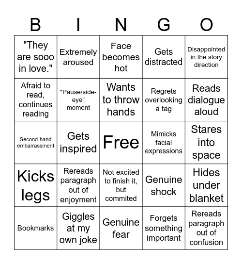 Fanfic Reactions Bingo Card