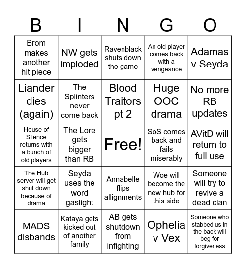 Hide Hole RBC Bingo Card