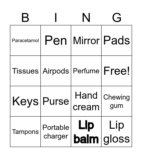 What's in my bag bingo Card