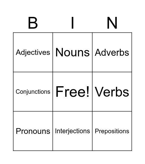 Parts of Speech Bingo Card