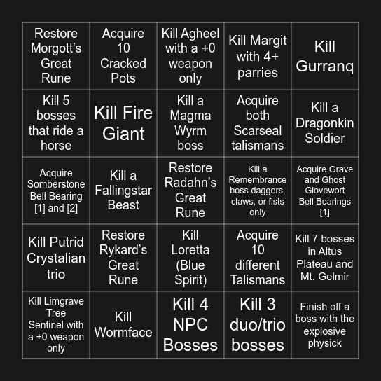 Elden Ring Bingo Card