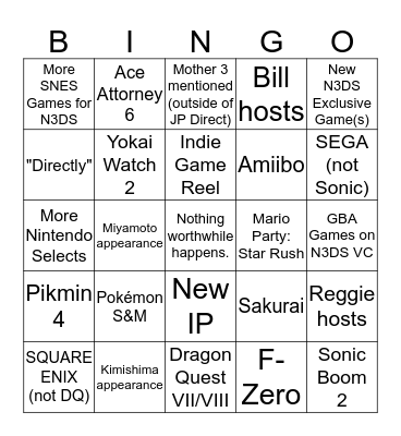 3DS Direct Bingo Card