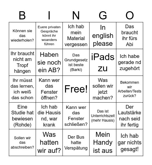 Unterichtsbingo Card