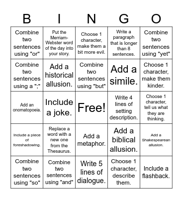 Short Story Re-write Bingo Card