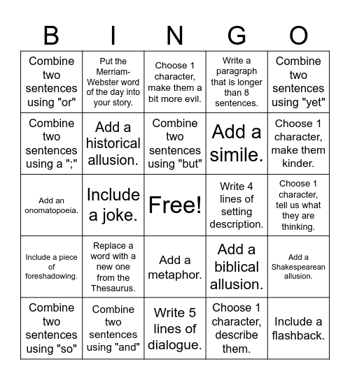 Short Story Re-write Bingo Card