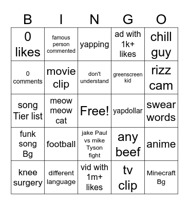 yt shorts bingo Card